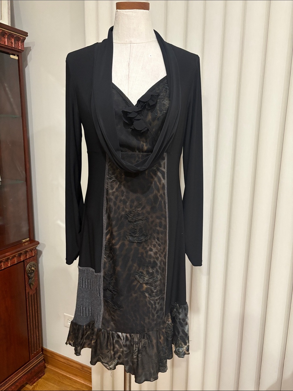 Frank Lyman mix media Black Leopard Layer Cowl Neck Dress distressed gothic 10